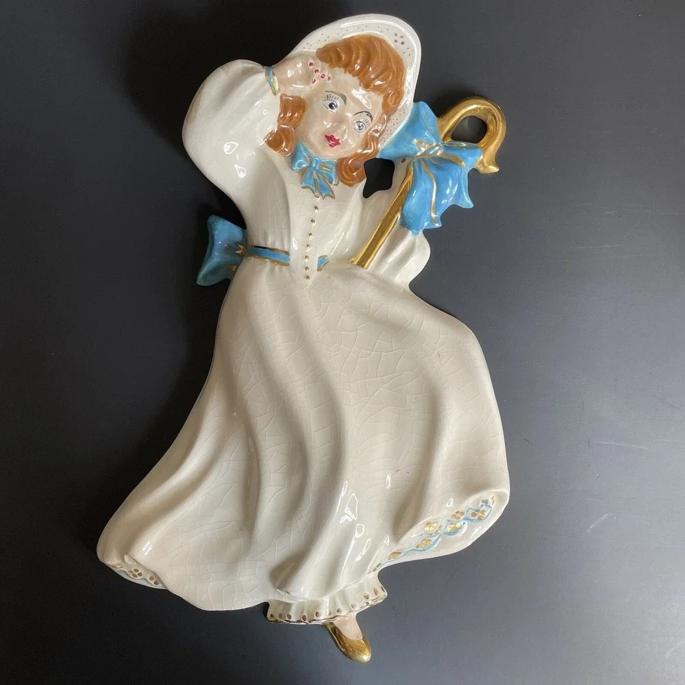 Vtg Nursery Rhyme Little Bo Peep With Her Sheep Ceramic Wall Plaque Hand Painted